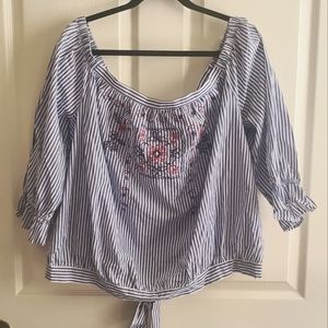 Ashley Stewart Embroidered Blue and White Striped Quarter Sleeve Blouse Size 18